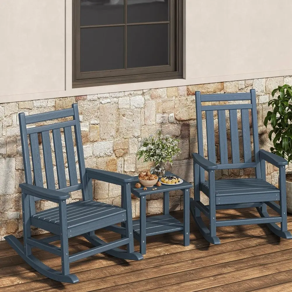 Outdoor High Back HDPE Rocking Chairs Set of 2 with Side Table - Weather-Resistant Navy Blue Patio Furniture