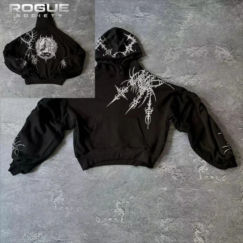 Image of Neuer Y2K-Stil Amerikanischer Vintage Hip-Hop Herren-Hoodie Totenkopf-Dornen-Grafik-Print Kurzer Loser Pullover Streetwear Urban Sweatshirts