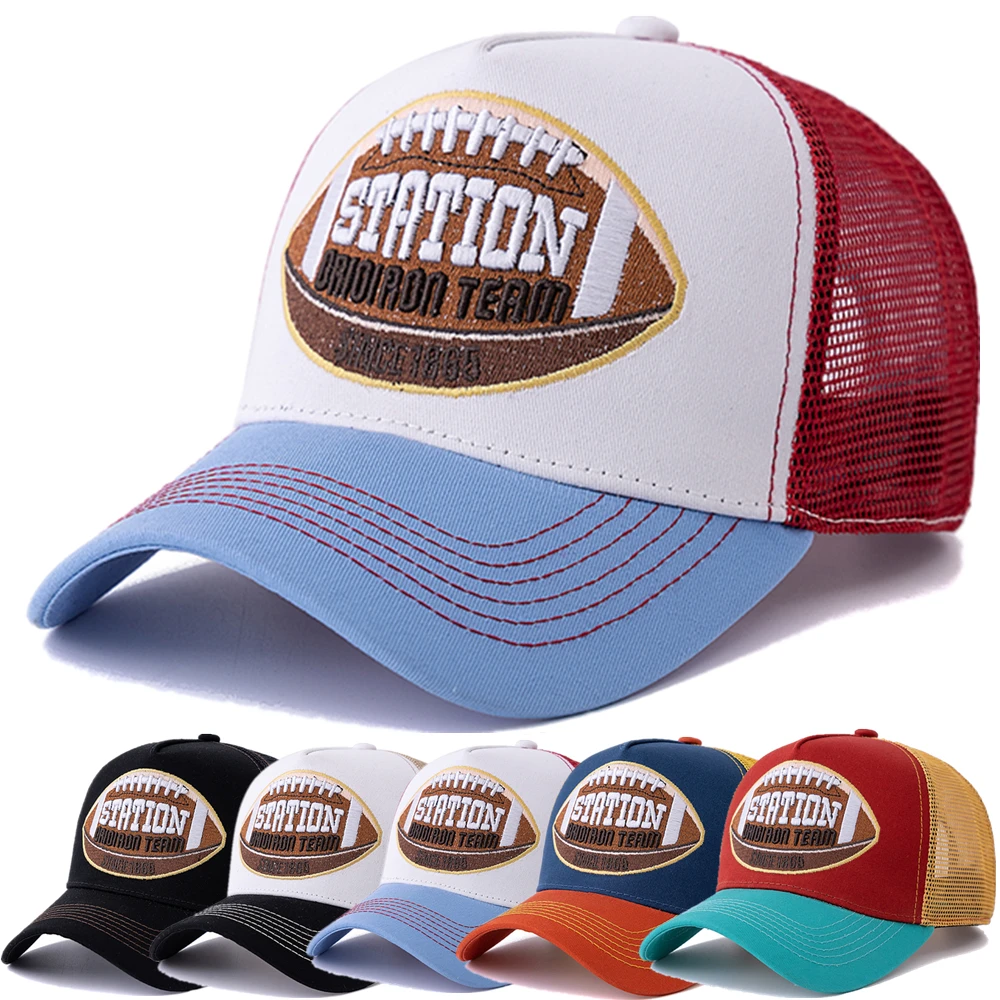 

Hot Sale Unisex Football Pattern Mesh Trucker Hat Men Summer Breathable Baseball Cap Embroidered Snapback Fishing Cap