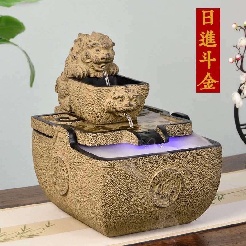 Flow ornament circulating water Chinese-style office desktop attracts wealth every day, golden fish tank tea room living room op