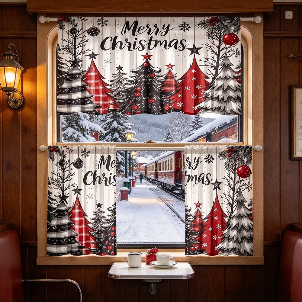 Kitchen Valance and Short Curtains Set, Plaid Holiday Tree, Vintage Style, Christmas, Tier Curtains, Bright Kitchen Decor
