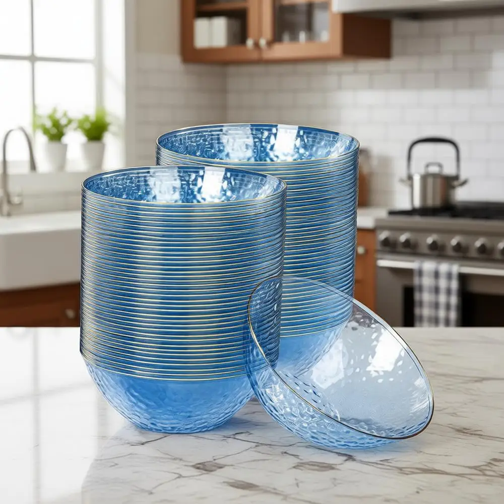 

50 Pack Clear Plastic Bowls with Gold Rim, 12-16oz Heavy Duty Bowls for Parties and Special Events