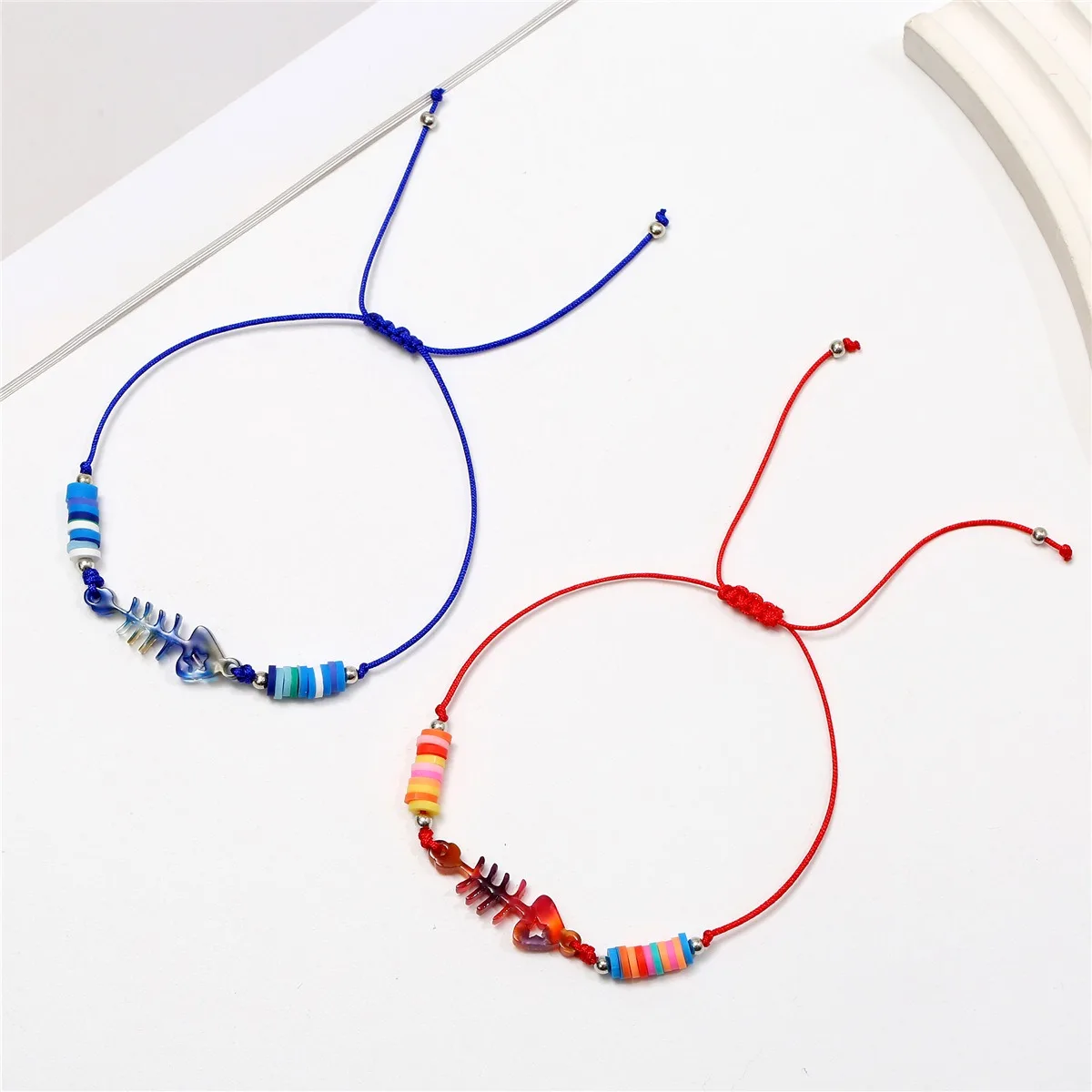 12pcs/Set Bohemian Vintage Woven Resin Bangles Fish Bone Polymer Clay String Adjustable Bracelet for Women Men