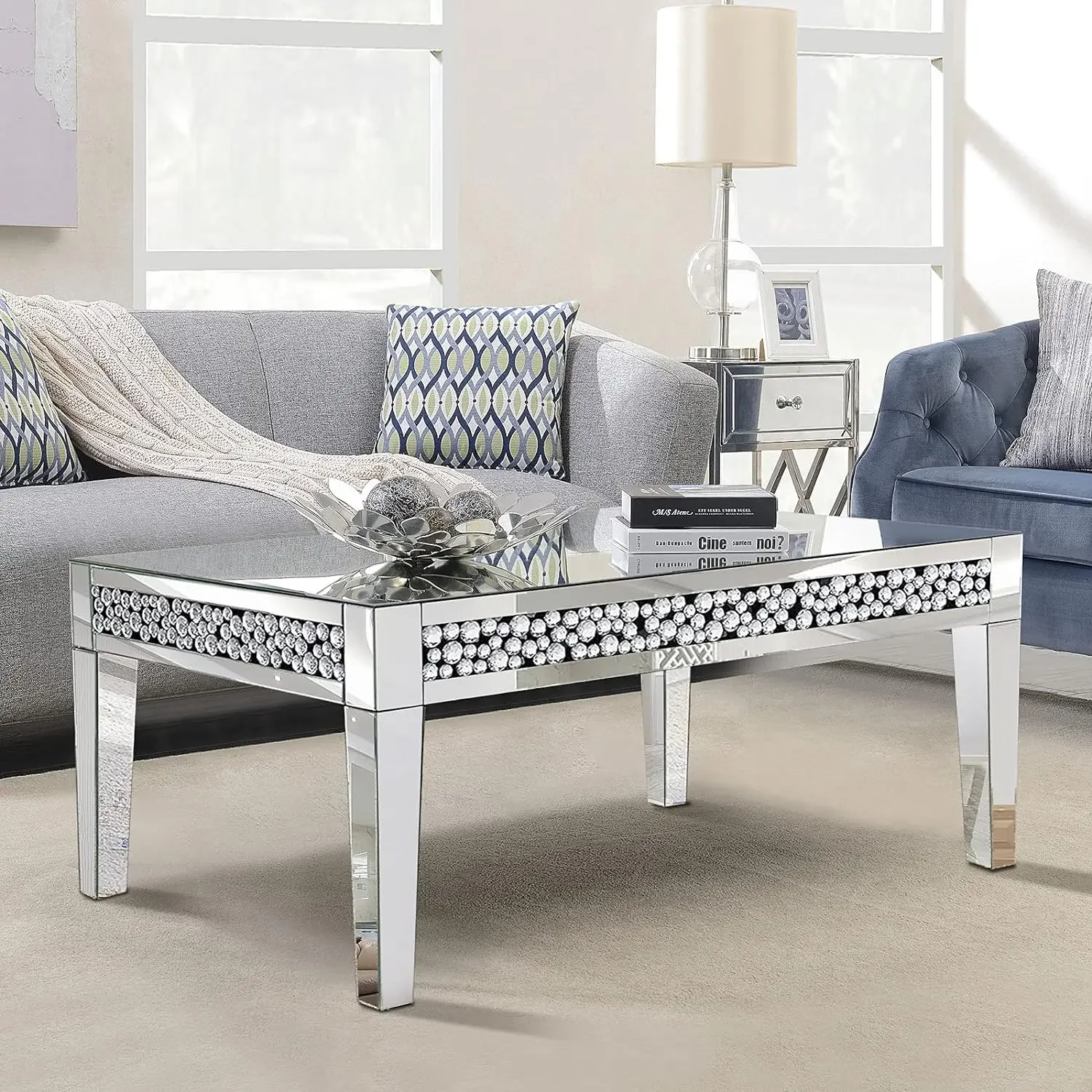 Rectangle Mirrored Coffee Table Silver Living Room Table with Cryatal Diamond Inlay Modern Luxury Mirrored Furniture Tea Table