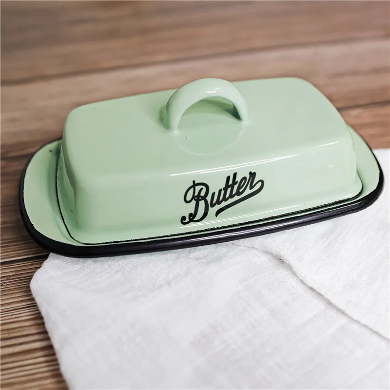 Retro Nostalgic Enamel with Lid Snack Tray Home Kitchen Tableware Butter Box Cheese Storage Box Cheese Plate  Butter Dish