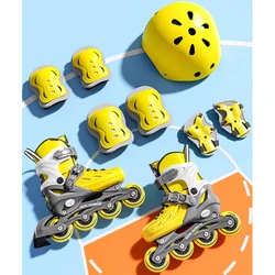 Sapatos iniciantes de patins inline para crianças, almofadas para joelho e cotovelo, conjunto de capacetes para meninos e meninas, tênis com 4 rodas, patins completos para adultos