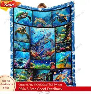 Sea Turtle Flannel Throw Blanket  Soft Cozy Ocean-Themed Reef Art Coastal Decor for Couch Bed and Sofa  Custom blankets
