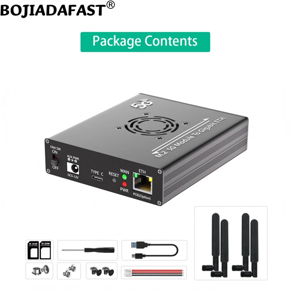 M.2 5G-module naar ETH bedrade Lan-adapter Dubbele simkaarthouder met ventilator en 4 antennes voor Quectel RM520N-GL RM521F-GL RM530N-GL