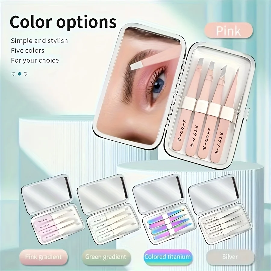 4pcs Stainless Steel Tweezers Set with Mirror Box  Professional Eyebrow Facial Hair Eyelash Grafting Tweezers Christmas Gift