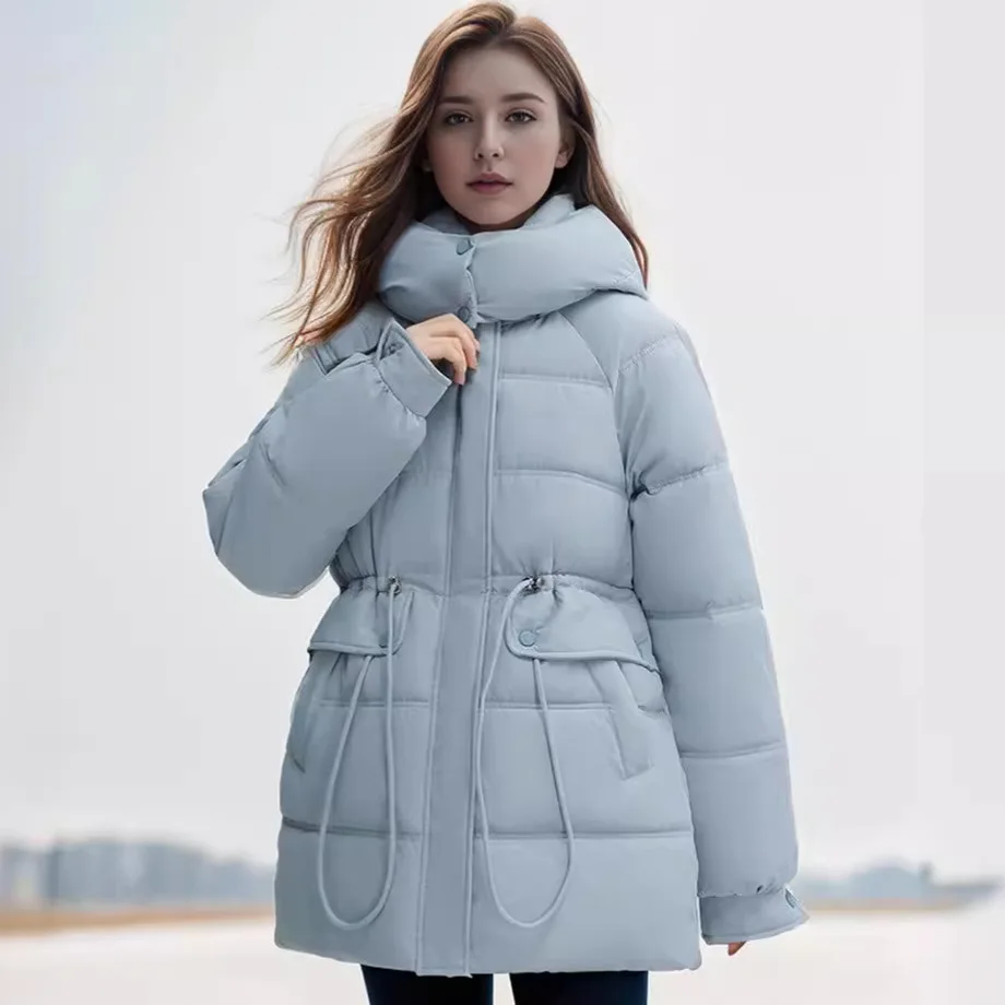 2024 Winter Womem's Jacket Female Casual Hooded Pure Color Cotton Jacket Women Thicken Warm Waist Drawstring Parkas Coats