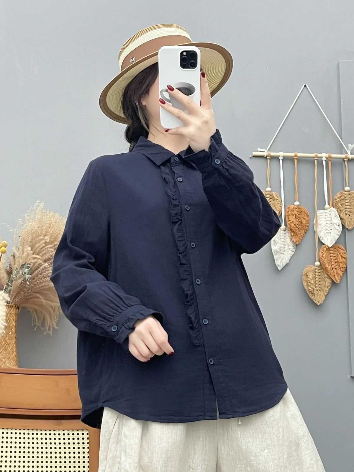 

Новая женская хлопковая рубашка с длинным рукавом на весну 2026 года, с отложным воротником и оборками, в стиле Mori Girl, повседневная, дышащая, свободная блузка T63826CC