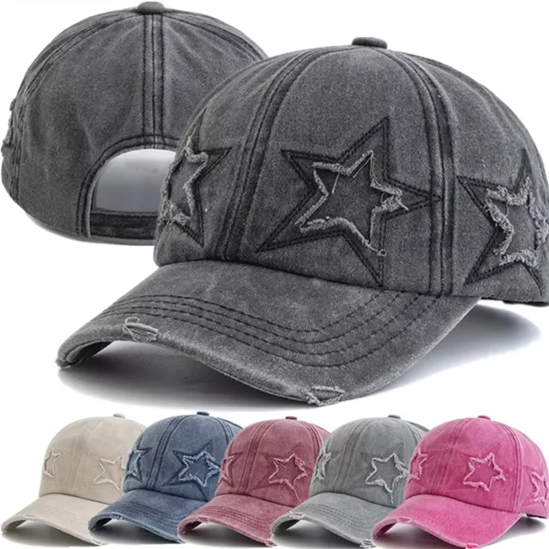 New Women's Five Pointed Star Design Washed Cotton Baseball Cap Fashion Street Dad Hat
