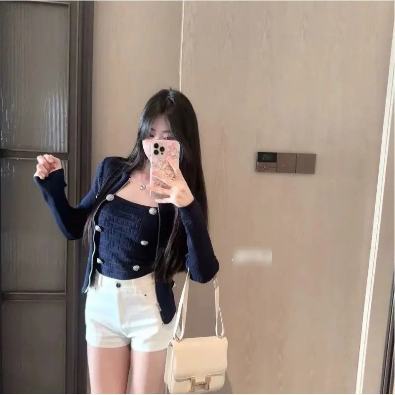 

Gagarich French Style Small Fragrance Fashion Light Luxury Gold Buckle Knitted Camisole Cardigan Slim Fit Slimming Two-piece Set