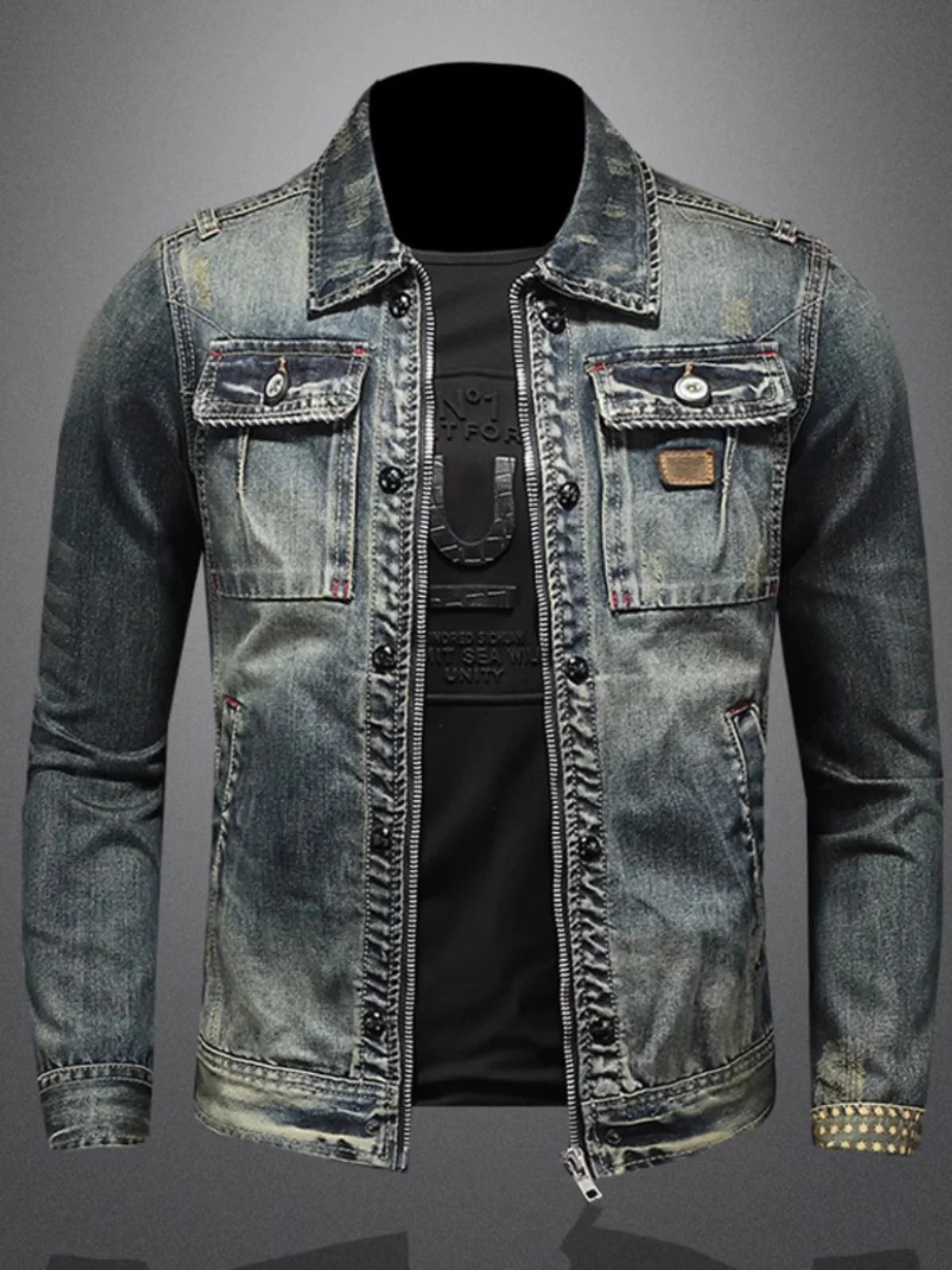 

Vm Waed Vintage Classic Men's Denim Jaet Sli Collared Outerwear Trendy Streetwear American Sle