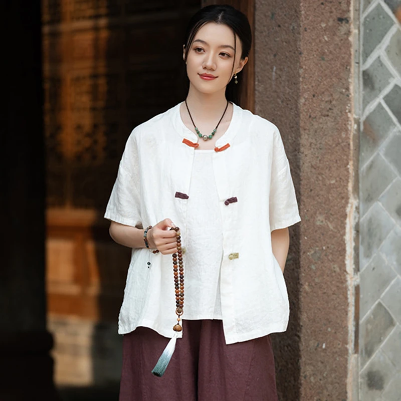 Style chinois femmes coton lin chemise décontractée nouveauté 2025 été Vintage col montant femme à manches courtes hauts chemises M1643