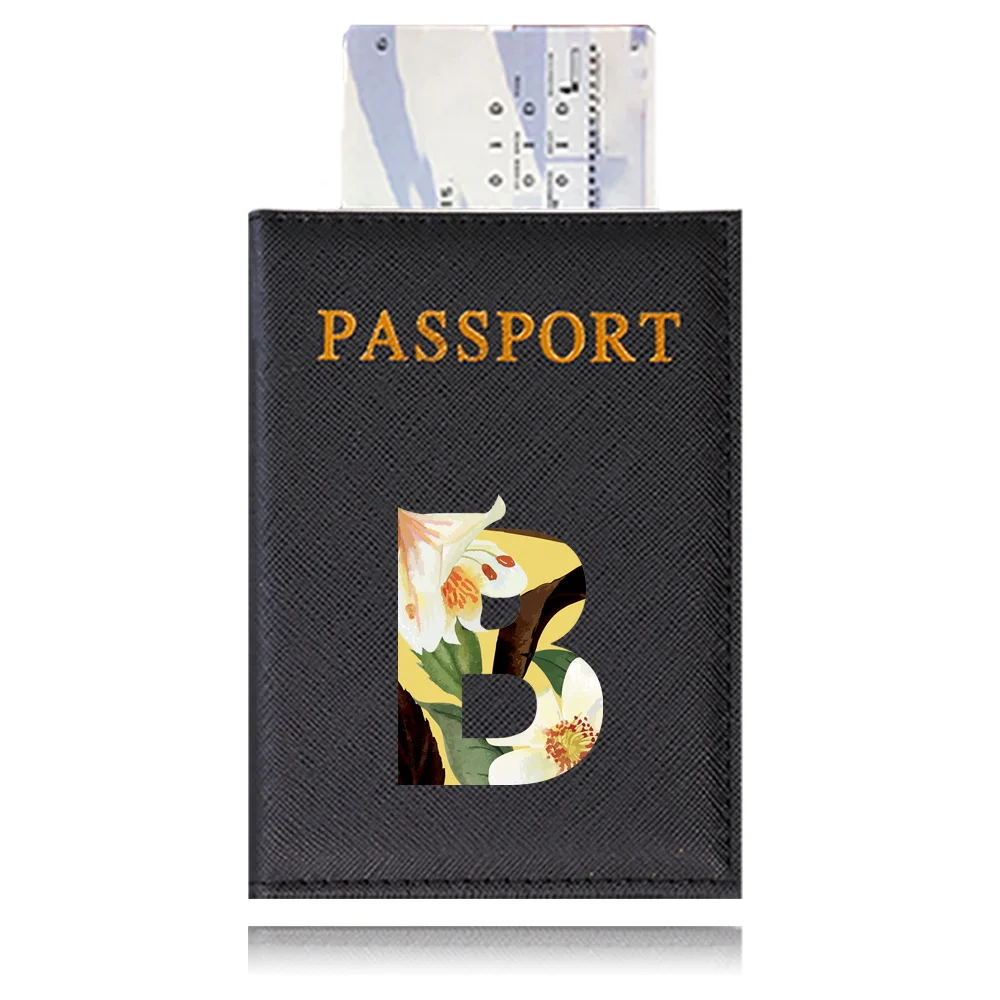 PU Leather Passport Cover Card Holder Black Color Wallet Lightweight Travel Accessories for Flight Floral Pattern Series