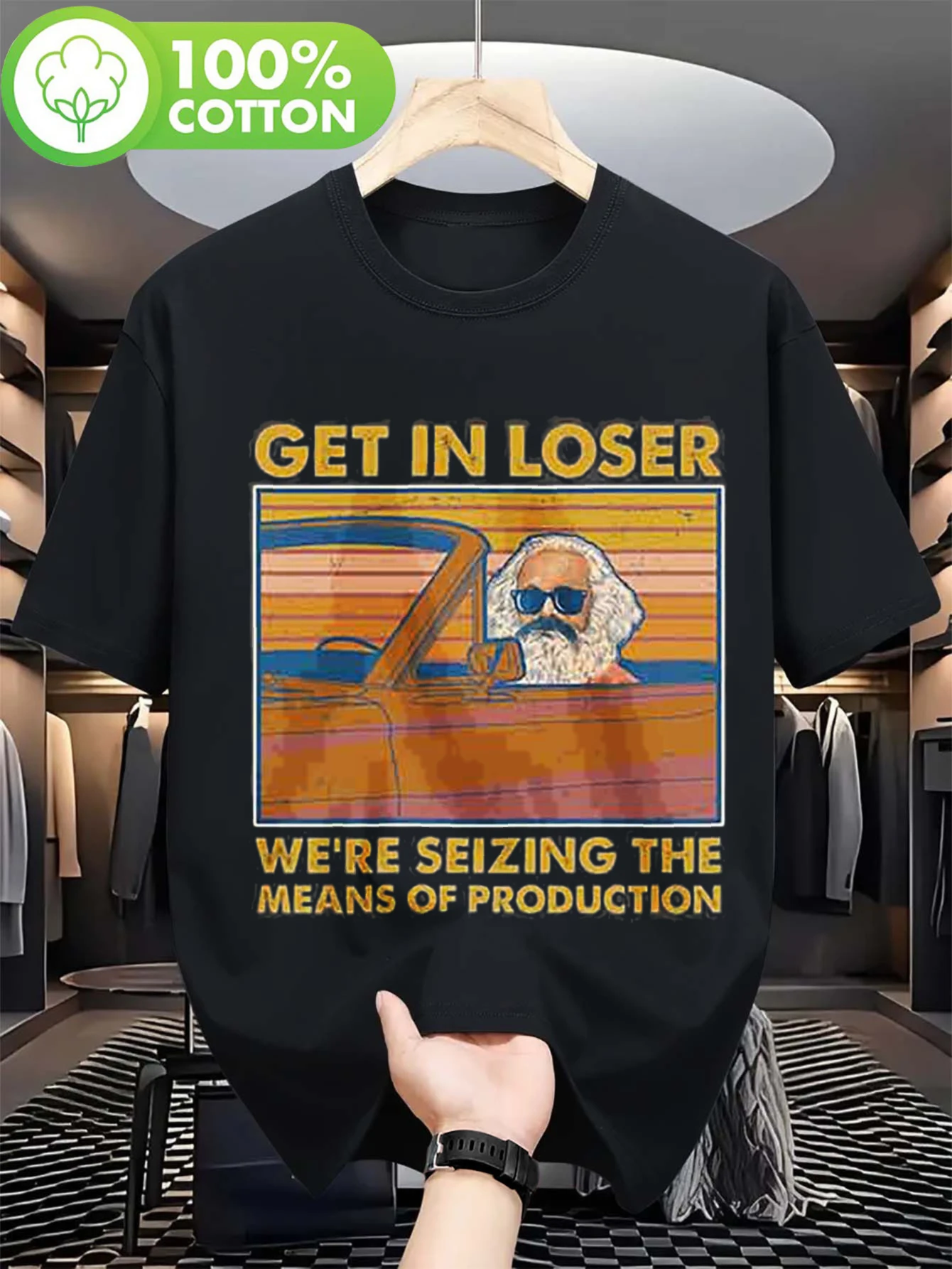Men'S Humorous Karl Marx Get in Loser T-Shirt in Black Featuring A Vintage Car Design Offering A Relaxed and Comfy Fit