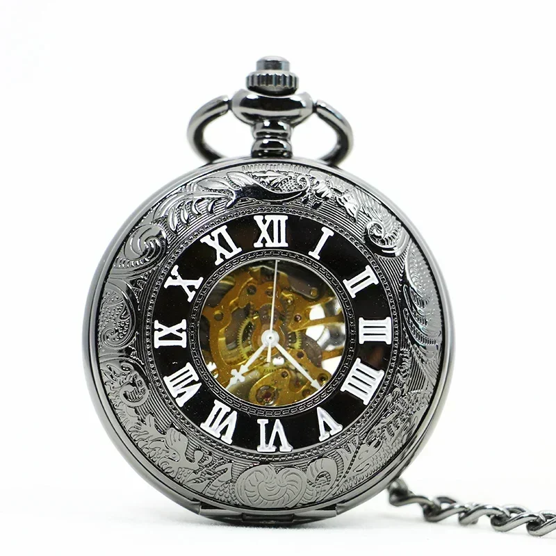 

Unisex Vintage Men Steampunk Chain Watches Gift Clock Roma Amber Dial Mechanical Hand-winding Mens Pocket Watch reloj hombre