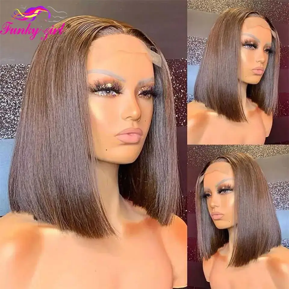 13x4 Bone Straight Bob Wigs Chocolate Brown 100% Prawdziwe ludzkie włosy Przezroczysta koronka 4x4Lace Closure 16 cali Krótki bob Pre Plucked