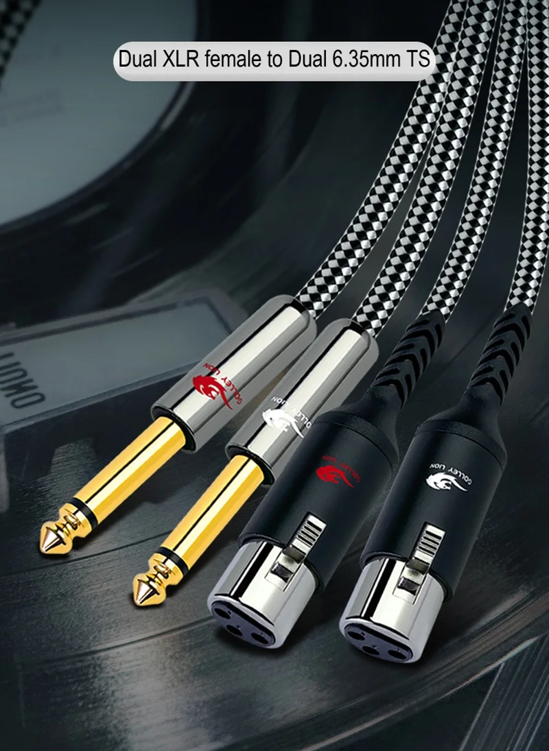 Kabel Audio 2 XLR Female ke Dual 1/4'' TS Mono 6.35mm Male untuk Amplifier Mixer Konsol Home Theater Perangkat Hifi Kabel Berpelindung