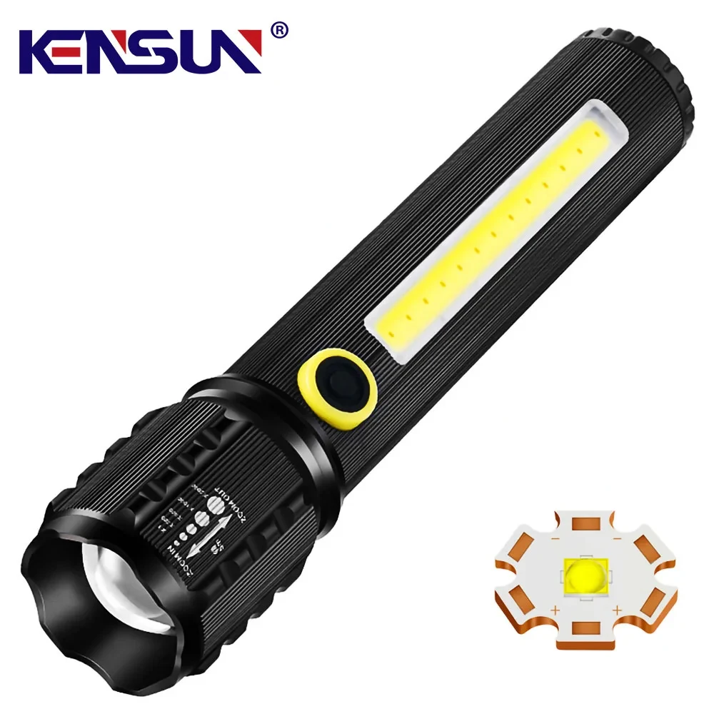 Powerful LED Flashlight With COB Side Light Lamp Zoom Lantern USB Rechargeable Torch Built-in 18650 Battery For Camping Outdoors