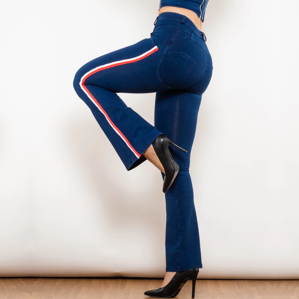 Shascullfites Melody Dark Blue Flared Jeans Woman High Street Slim Sexy High Waist Booty Jeans Push Up Jeans