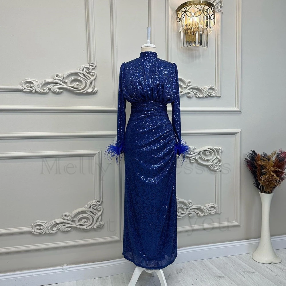 Customized Royal Blue Evening Dresses Feather Full Sleeve Sequined 2025 A Line Real Picture Prom Gowns Vestido De Noche