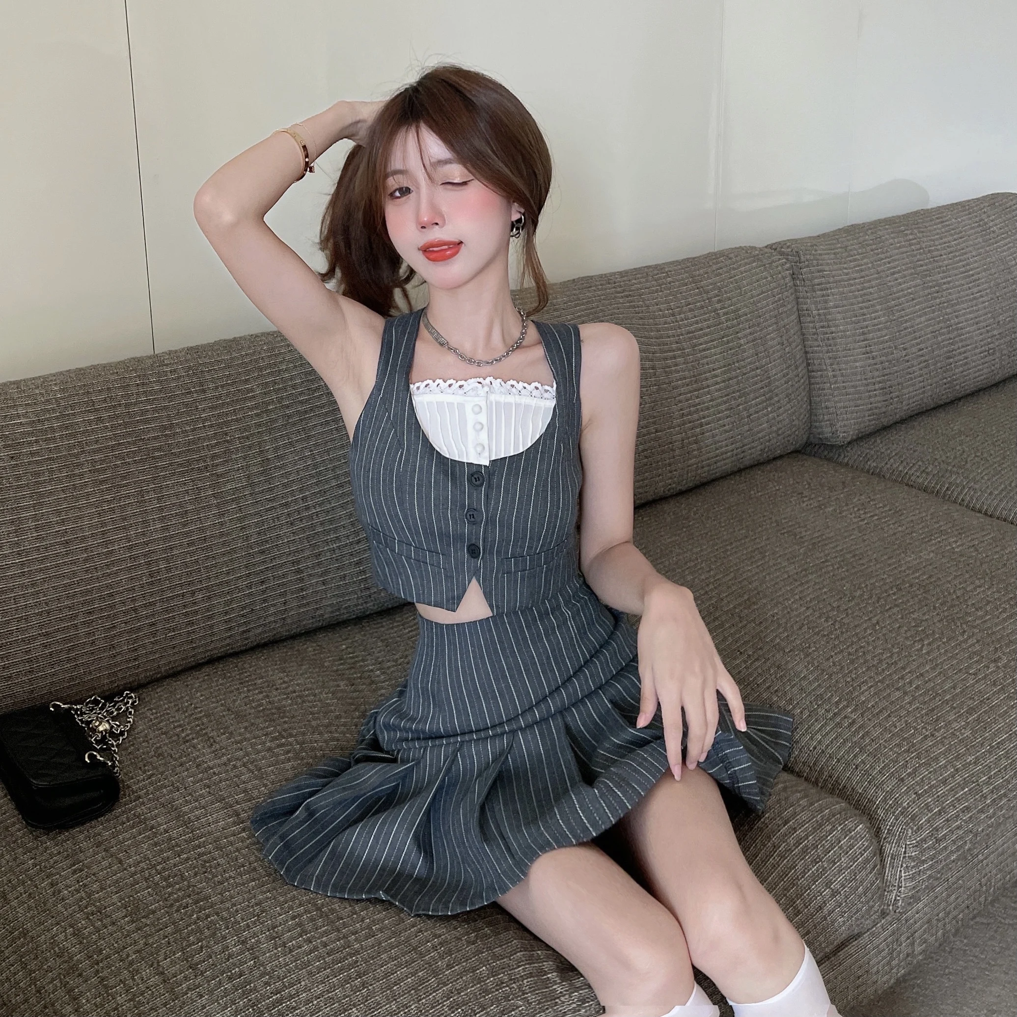 Grey Striped Patchwork Iace Women 2-Piece Set Button Sleeveless Vest + Pleated Skirt Summer Japanese Preppy Style Cute Girl Suit