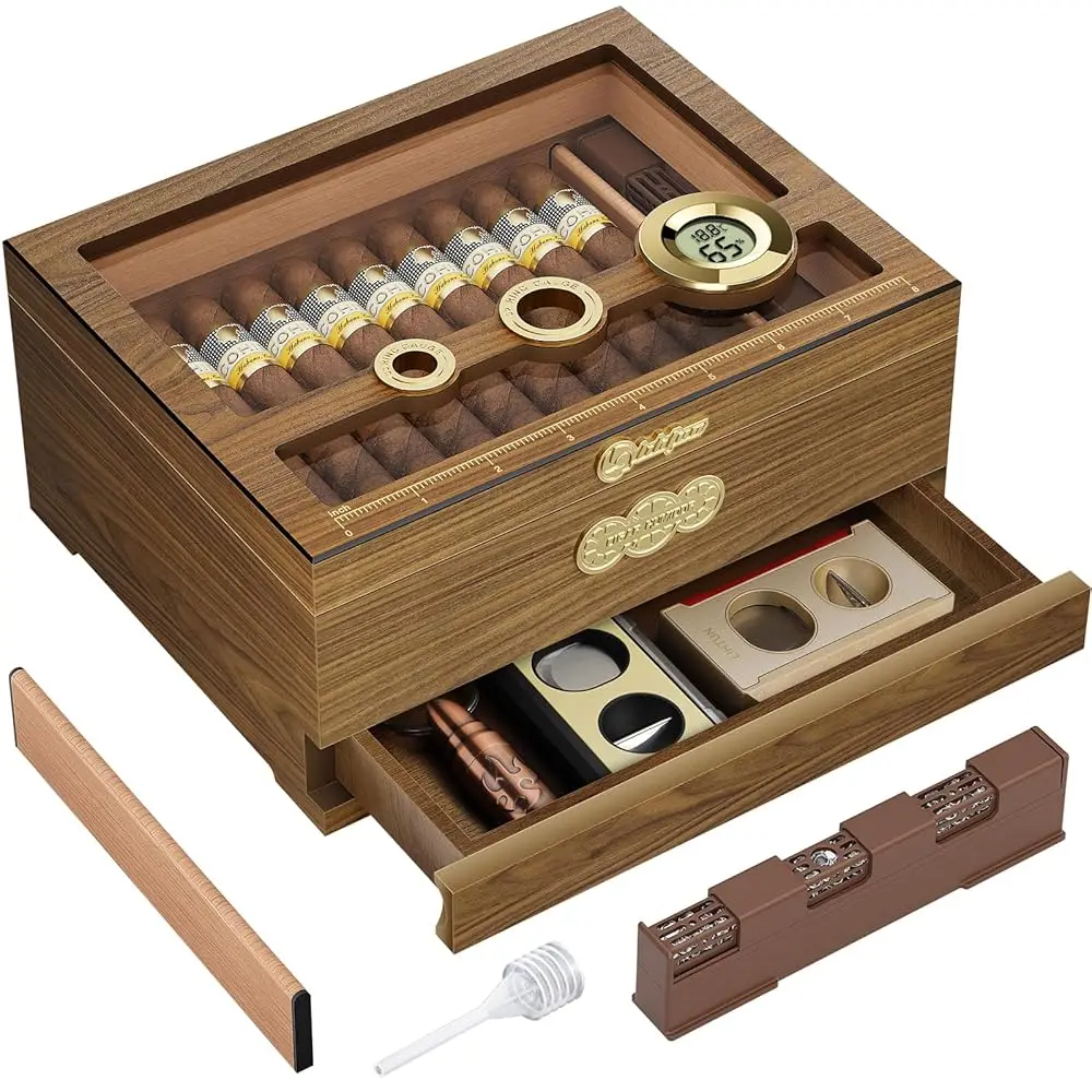 

Cigar Humidor, Glass Top Desktop Cigars Case with Digital Hygrometer, Humidifier, Cigar Accessories Drawer and Measuring Scal