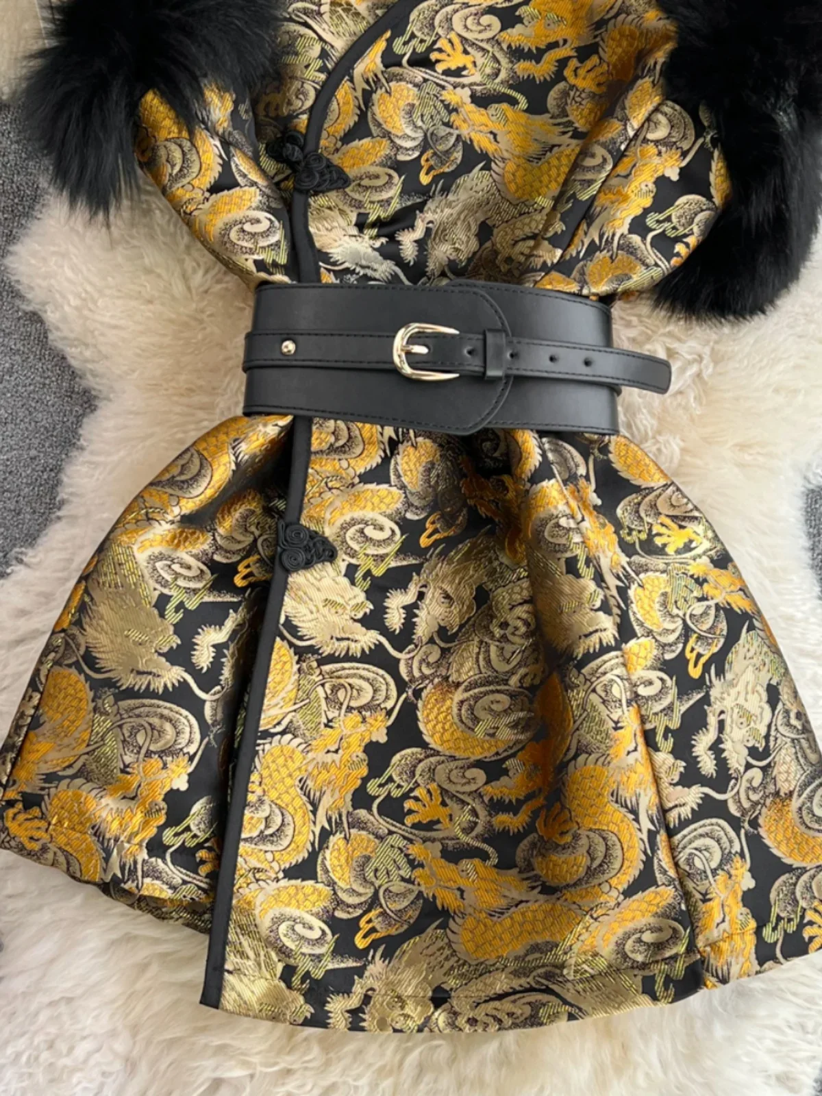 Autumn and Winter Retro Chinese-style Faux Fur Splicing Vest Stand-up Collar Waist Slim Short A-line Jacquard Dress