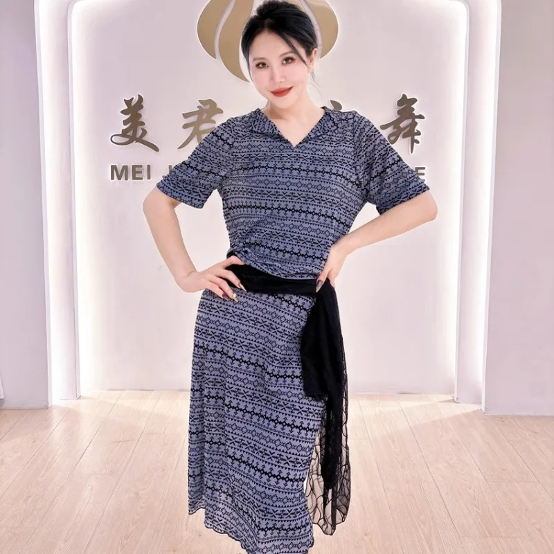 Customized Swegal Belly Dance Costumes Practice Dress Grey Blue Mesh Small Collar Loose Robe 4 Piece Set Exotic Dancewear