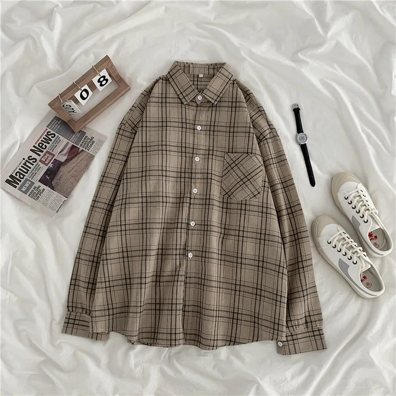 Plaid Women Shirts Spring Turn-down Collar Single Breasted Daily All Match Fashion Korean Style Long Sleeve Female Couples Chic