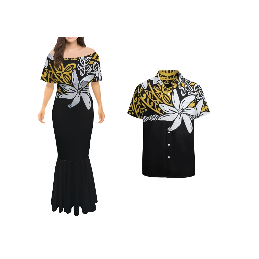 New Off Shoulder Polynesian Tribal Print Women Bare Shoulders Dresses Mermaid Skirt  Couples Match Clothing Men Shirts