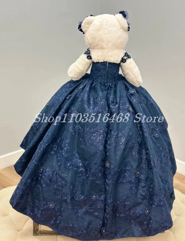 Personalised Quinceanera Teddy Bear Dress Blue Glitter Sheath Delicate Floral Beaded Applique Special Links Customised