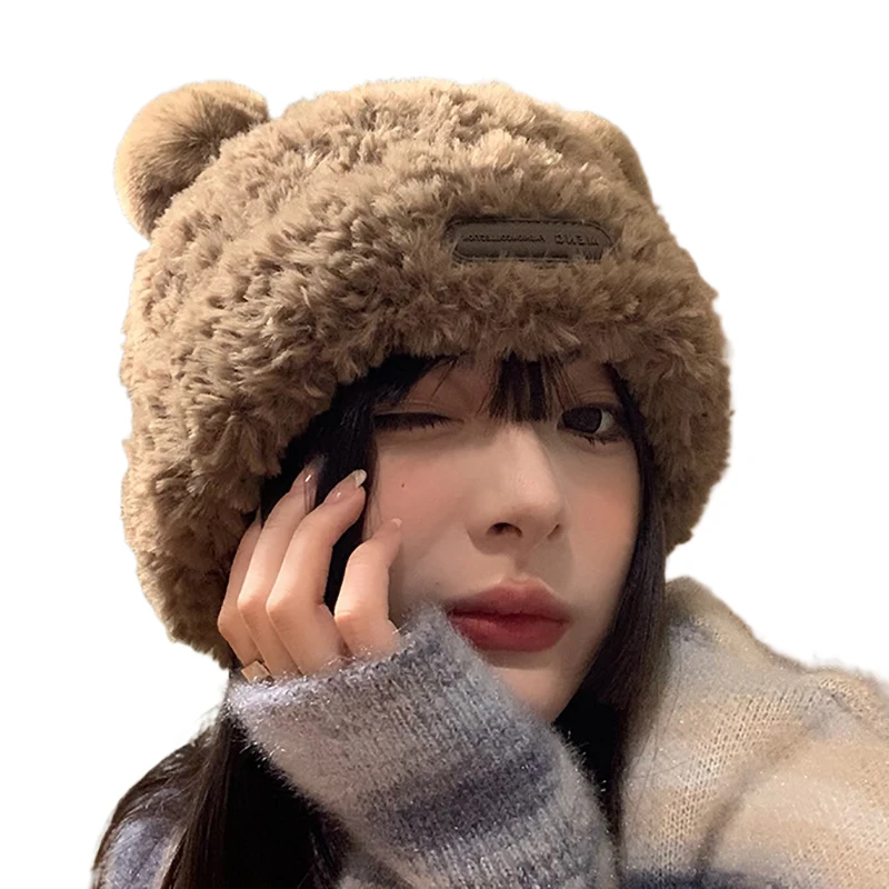 Cute Bear Winter Beanie For Women Solid Color Thicken Soft Plush Ears Warm Skullies Bonnet Outdoor Windproof Ski Skate Hats