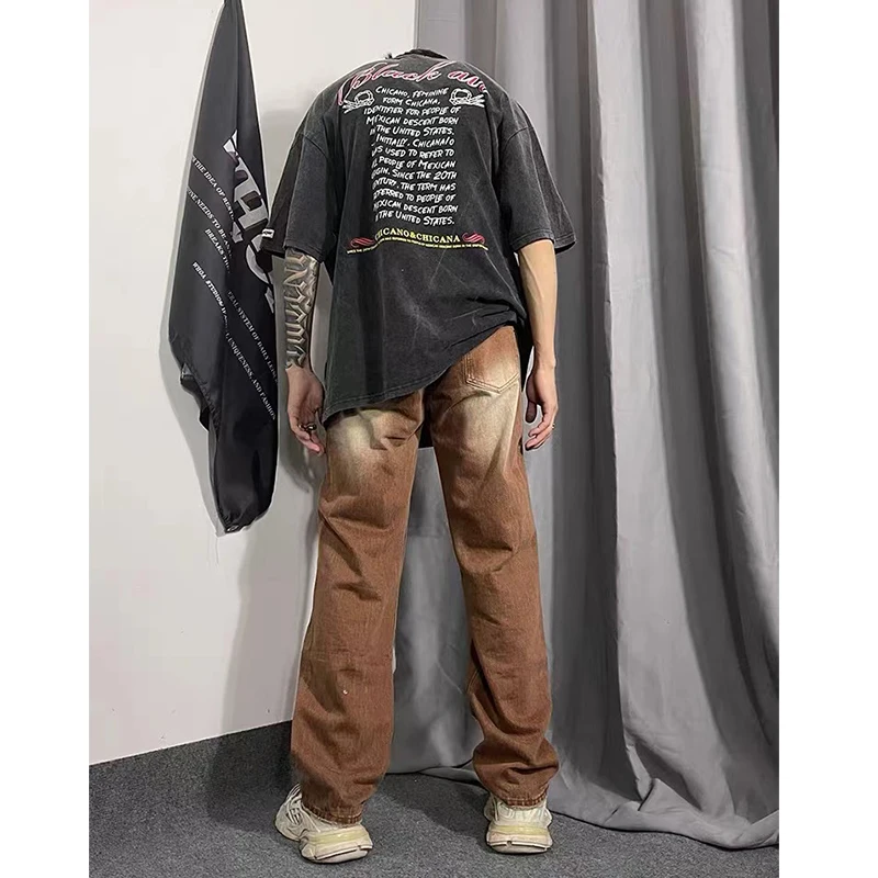 2022 Street Wear White Old Wash Water Pattern Pants Brown Loose Retro Straight Four Season Locomotive Handsome Men's Jeans