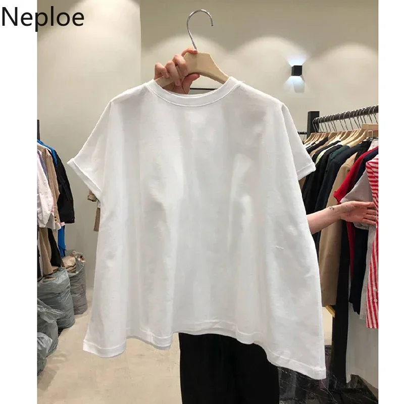 Neploe Solid Oversized T Shirts Women Korean Fashion O Neck Short Sleeve Female Tops Summer 2024 Loose Casual Cotton Ladies Tees