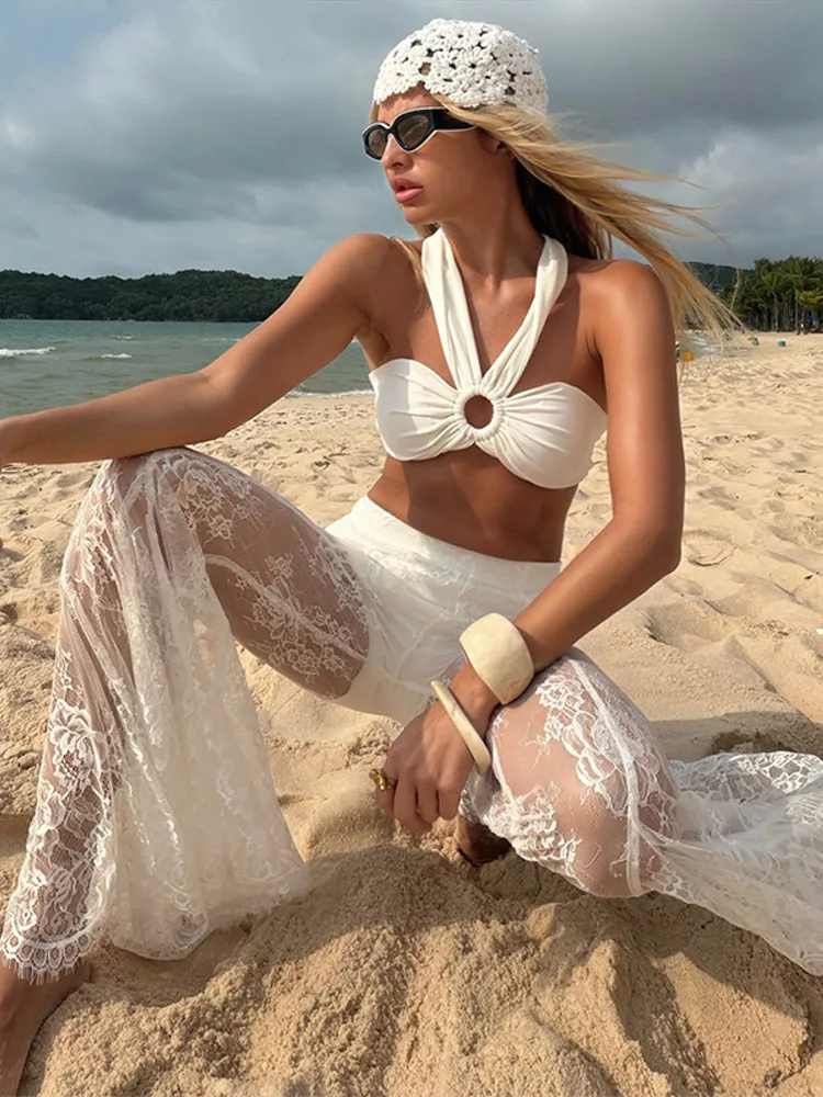 V-Ausschnitt Spitze Patchwork Meerjungfrauen-Mäntel Mesh-Hosenanzüge Damen Sexy Langarm Einreihige Schlanke Jacken Schlaghosen Neue Sets – Detail 21