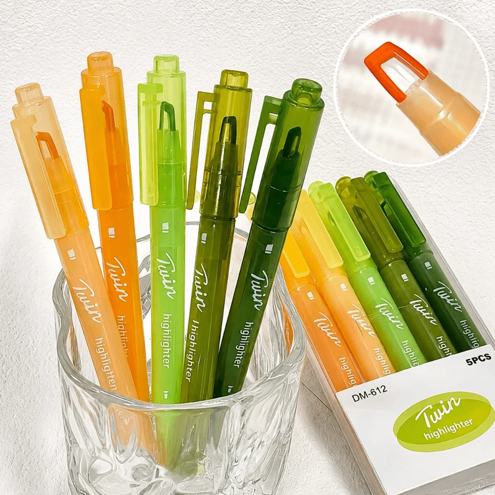 5pcs/set Colorful Dual Tip Highlighter Set Visible Window Multi-Color Highlighter Pen Eye-protecting Marker Pens Journaling