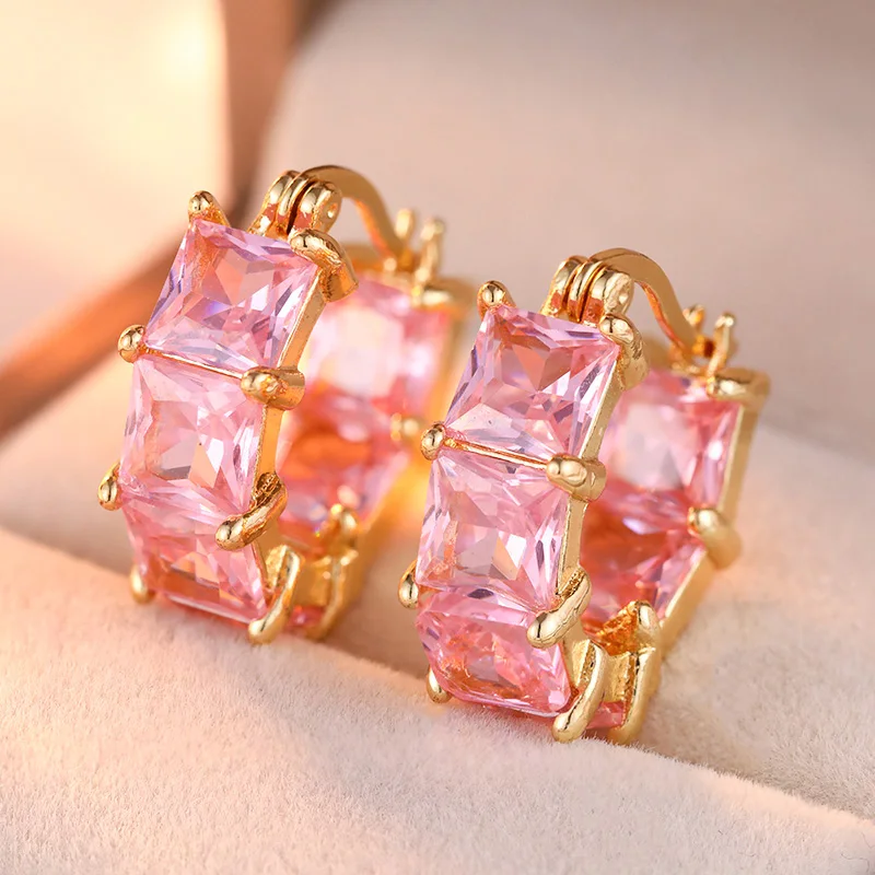 Luxurious Hoop Earrings Inlaid Pink Synthetic Zircon Women's Temperament Earrings Fashion Banquet Party Jewelry