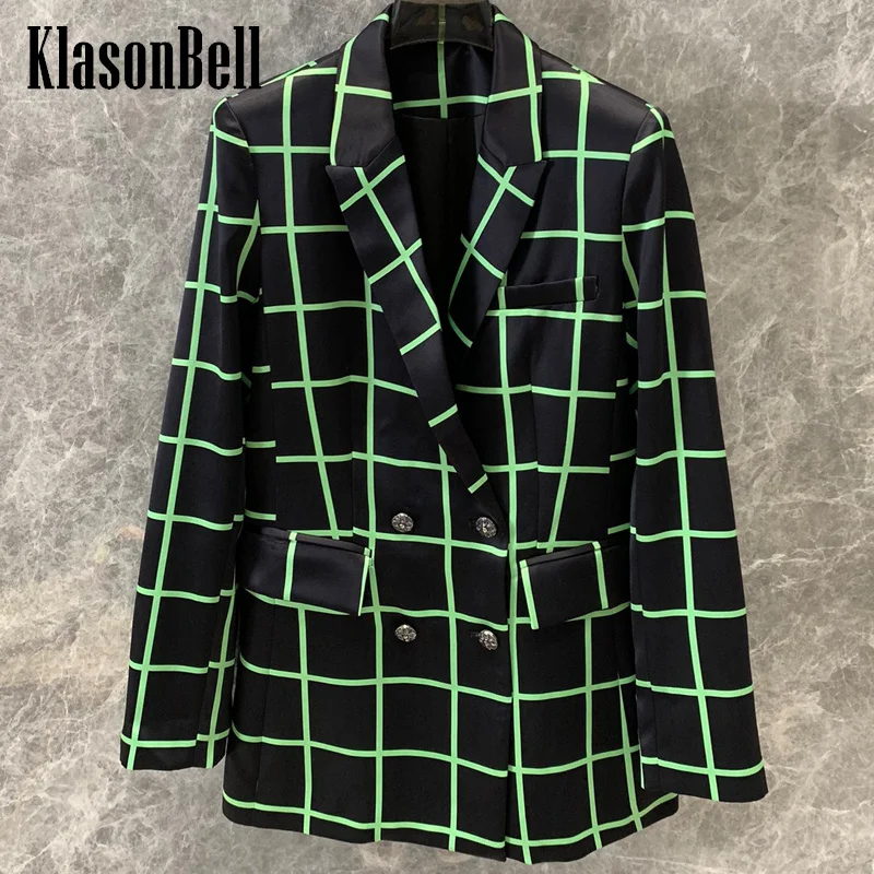 

7.29 KlasonBell Women Classic Vintage Plaid Print Contrast Color Double Breasted Jacket Digital Diamonds Button Slim Blazer