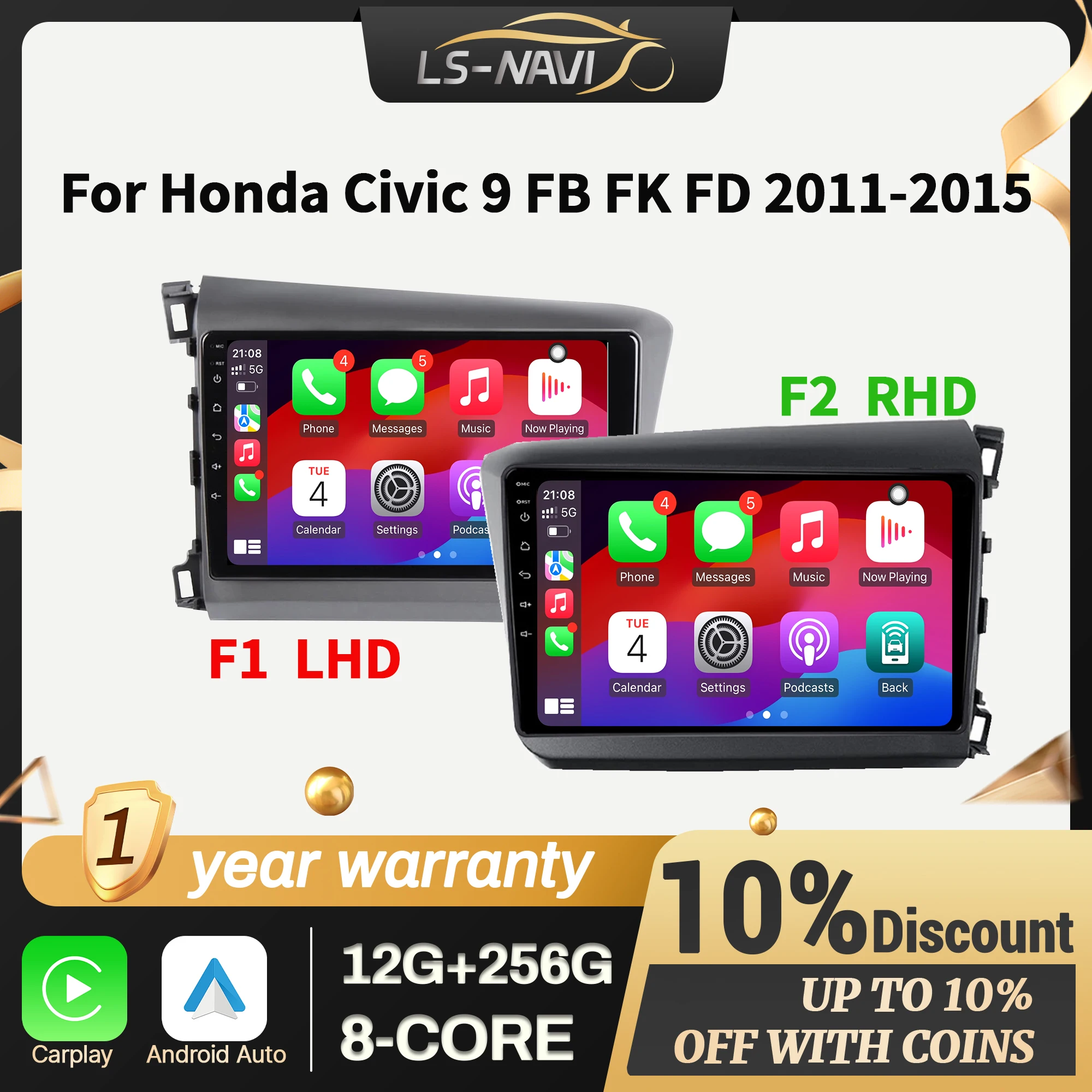 Car Radio For Honda Civic 9 FB FK FD 2012-2015 Grey Wireless CarPlay Multimedia Android 14 Navigation Touch 2K QLED Screen