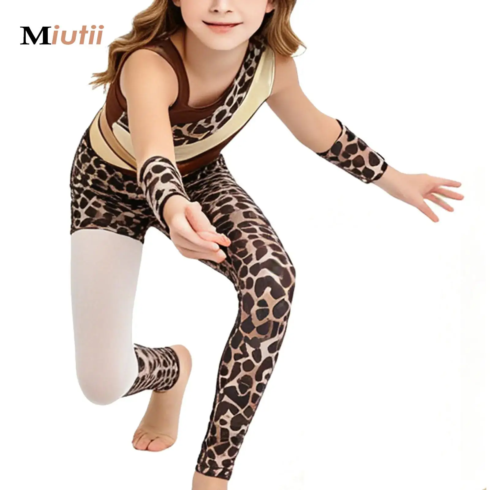 Girls Prehistoric Cave Historical Stone Leopard Print Outfits Wildman Costumes Gymnastics Latin Dance Leopard Vest with Pants