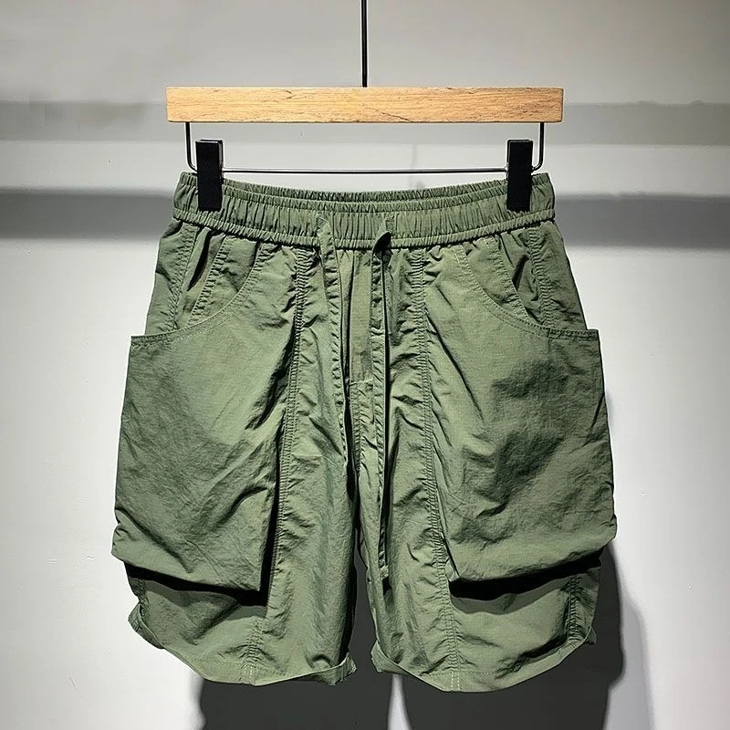 Men Summer Cargo Shorts, Solid Color Lightweight Breathable Loose Drawstring Waist Shorts Outdoor Casual Sportwear for Young Men