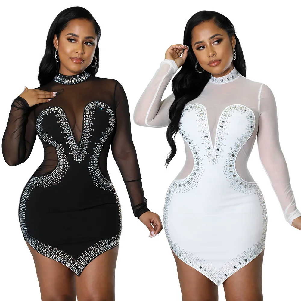 Sexy Party Prom Nightclub Club Banquet Hot Rhinestone Mesh See Through Long Sleeve Irregular Dresses