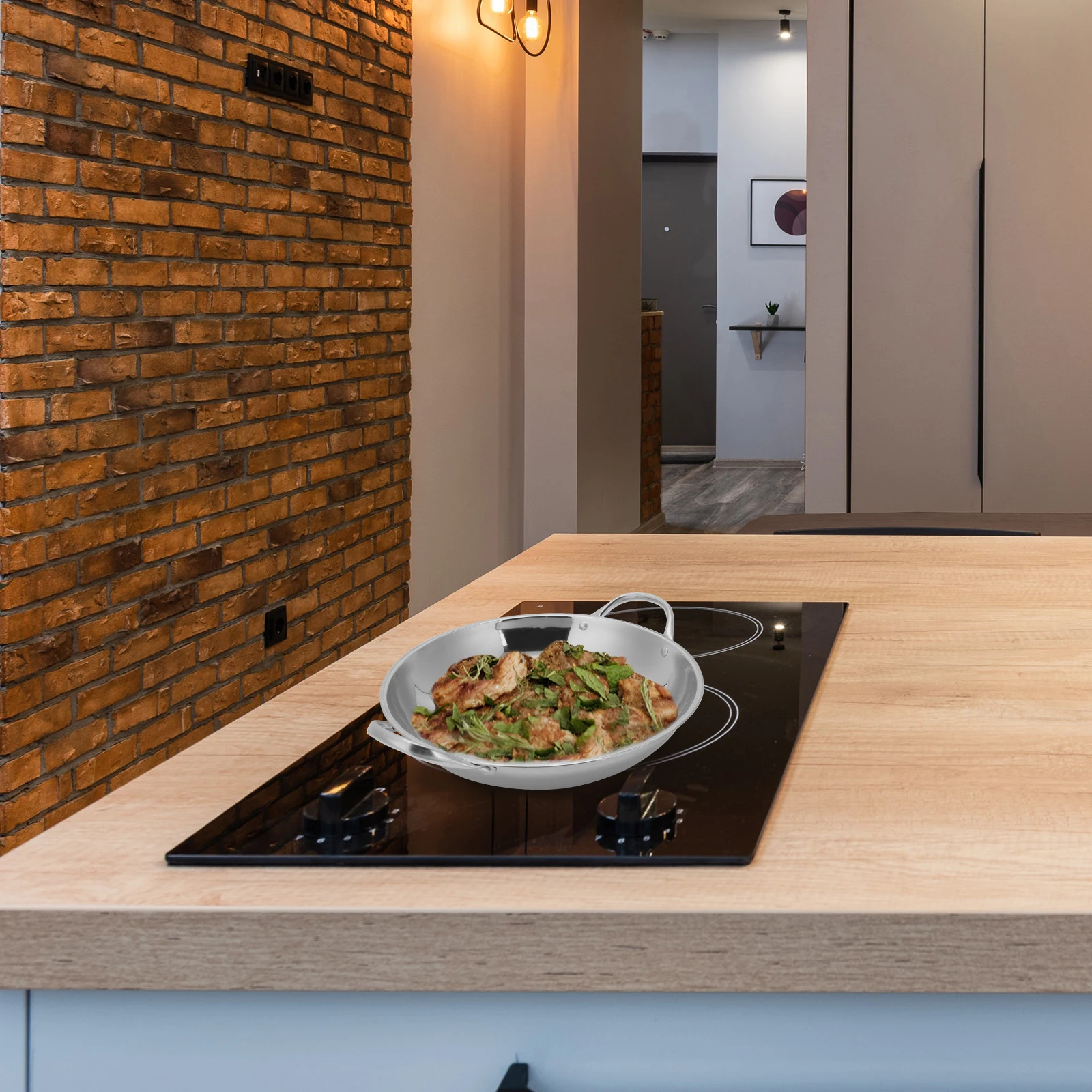 

1pc Stainless Steel Non-Magnetic Flat Bottom Hot Pot Thickened Soup Pan Home Cooking Double Ear Cookware Portable Induction