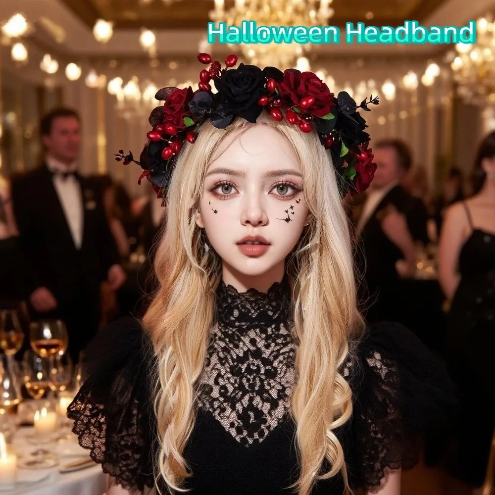 

Exquisite Halloween Headband Plastic Adjustable Size Gothic Headband Fashion Dark Style Simulation Flower Headband