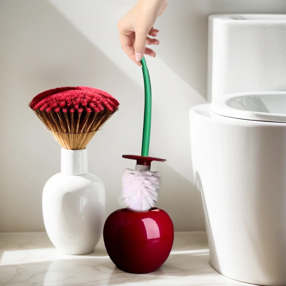 Cherry Shape Toilet Brush Set Long Handle With Base Replaceable Soft Bristle Brush for Bathroom Corner Toilet Cleaning Tool