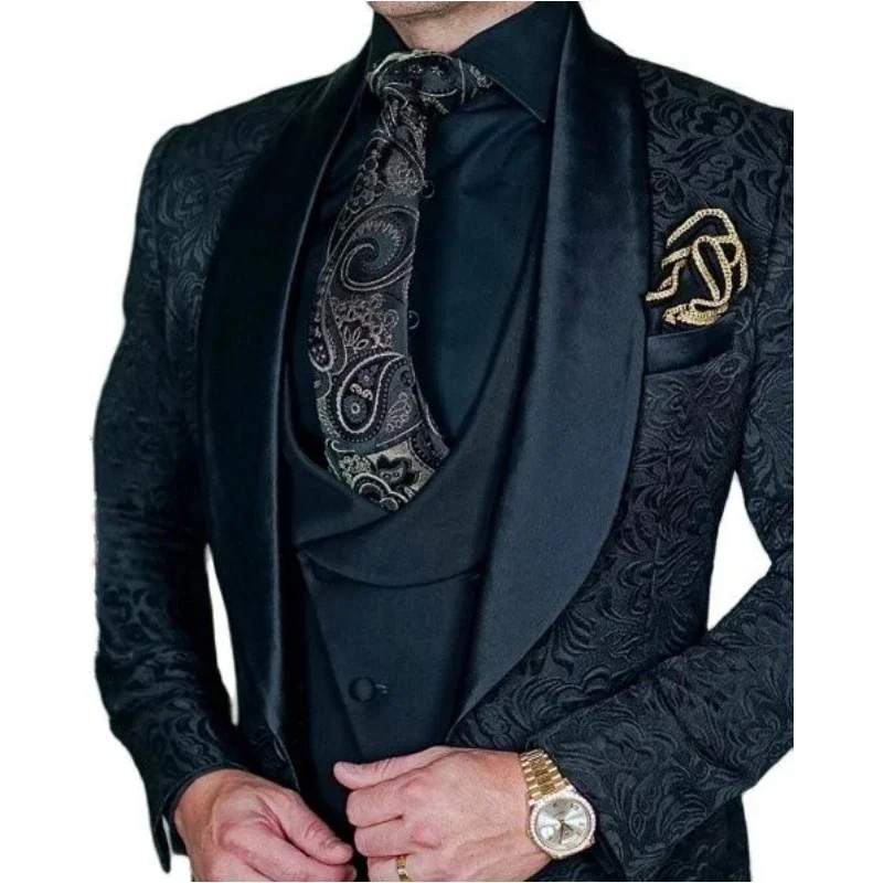 Jacquard Mannen Pakken Custom Formele Bruiloft Groommen Smoking Slim Fit Mannelijk Blazer Jasje Vest Broek 3 Delige Set Trajes Para Hombres