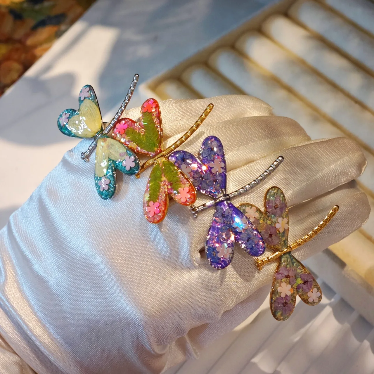 3284 Wholesale Trendy Dragonfly Open Ring Dried Flower Colorful Exaggerated Stainless Steel Creative Christmas Birthday Gift
